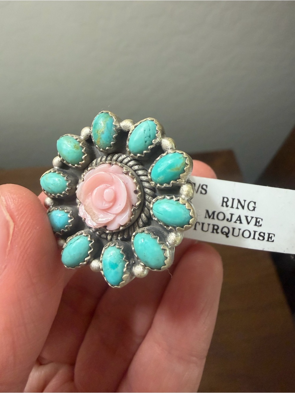 Turquoise Mojave Floral Ring with Pink Conch Rose Center